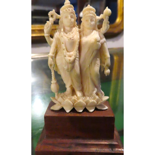 Indian Carved Figure Marriage Couple Mounted on Hardwood Plinth Base Approximately 5 Inches High
