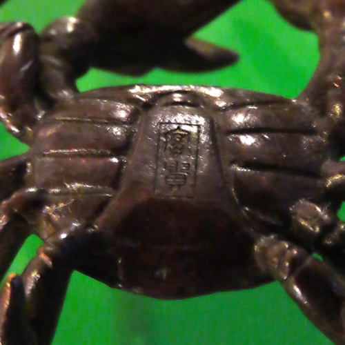 270 - Japanese Bronze Figure of Crab with Characters to Base Approximately 5cm Wide