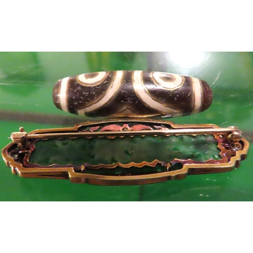 273 - Gold Inlaid Tibetan Prayer Bead and a Carved Jade Brooch Approximately 5cm Wide Two Pieces in Lot