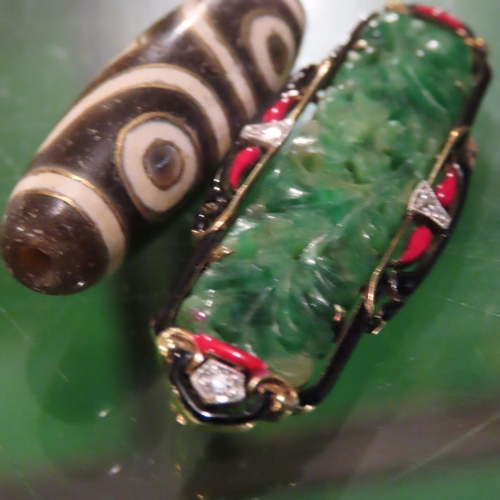 273 - Gold Inlaid Tibetan Prayer Bead and a Carved Jade Brooch Approximately 5cm Wide Two Pieces in Lot