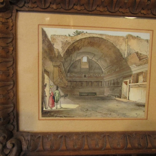 275 - Antique Watercolour Regency Couple Viewing a Ruin of Pompeii Approximately 6 Inches Highx 9 Inches W... 