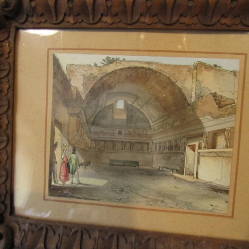 275 - Antique Watercolour Regency Couple Viewing a Ruin of Pompeii Approximately 6 Inches Highx 9 Inches W... 