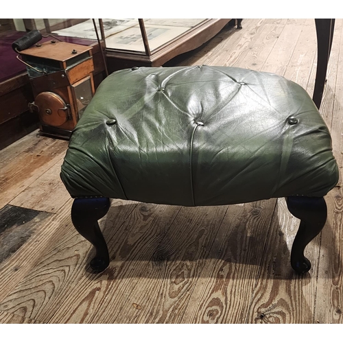 296 - Green Leather Deep Button Upholstered Footstool Approximately 2ft Wide Queen Anne Mahogany Supports