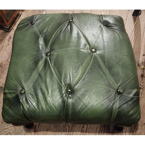 296 - Green Leather Deep Button Upholstered Footstool Approximately 2ft Wide Queen Anne Mahogany Supports