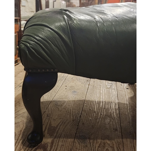 296 - Green Leather Deep Button Upholstered Footstool Approximately 2ft Wide Queen Anne Mahogany Supports