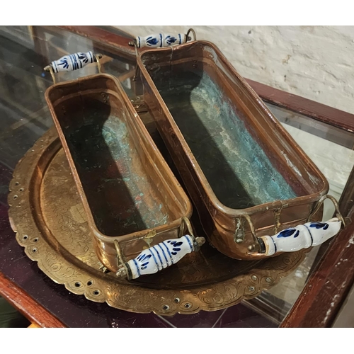 299 - Eastern Engraved Charger Incised Detailing with Two Copper Bound Planters Turned Porcelain Side Carr... 