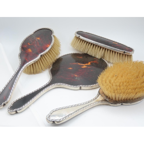 304 - Set of Four Silver Mounted Tortoise Shell Brushes with Hand Mirror 4 Pieces in Lot Good Original Con... 