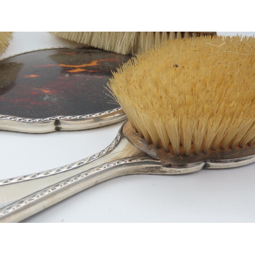 304 - Set of Four Silver Mounted Tortoise Shell Brushes with Hand Mirror 4 Pieces in Lot Good Original Con... 