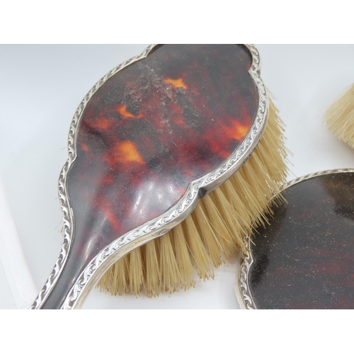 304 - Set of Four Silver Mounted Tortoise Shell Brushes with Hand Mirror 4 Pieces in Lot Good Original Con... 