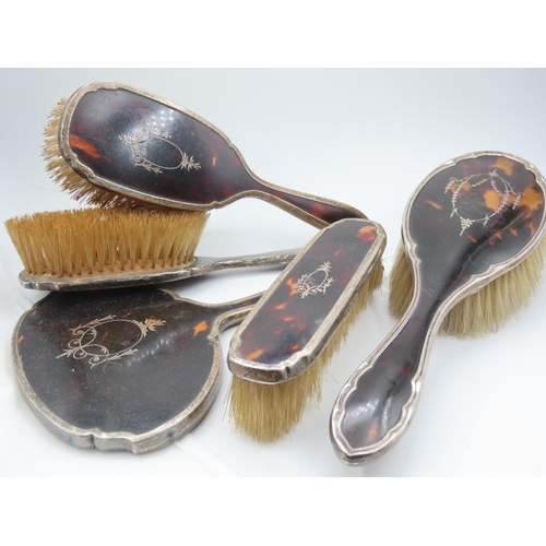 310 - Edwardian Tortoise Shell Silver Mounted Dressing Table Set with Hand Mirror Five Pieces in Lot