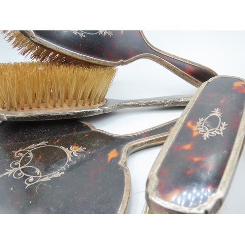 310 - Edwardian Tortoise Shell Silver Mounted Dressing Table Set with Hand Mirror Five Pieces in Lot