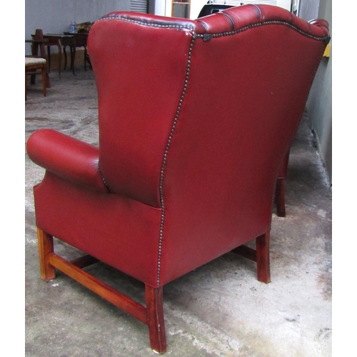 33 - Pair of Burgundy Leather Deep Button Upholstered Wing Back Armchairs Generous Form