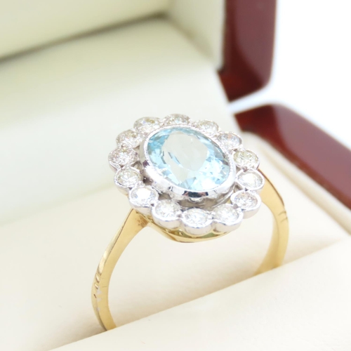 334 - Aquamarine and Diamond Cluster Ring Mounted on Eighteen Carat Yellow Gold Band Ring Size P