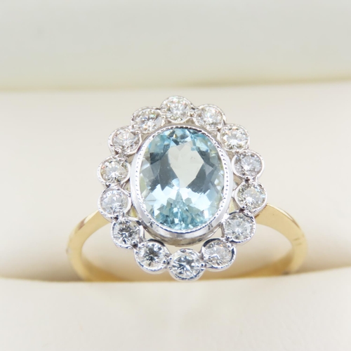 334 - Aquamarine and Diamond Cluster Ring Mounted on Eighteen Carat Yellow Gold Band Ring Size P