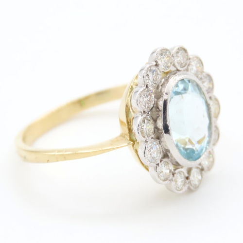 334 - Aquamarine and Diamond Cluster Ring Mounted on Eighteen Carat Yellow Gold Band Ring Size P