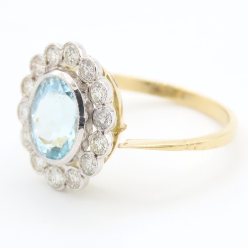 334 - Aquamarine and Diamond Cluster Ring Mounted on Eighteen Carat Yellow Gold Band Ring Size P