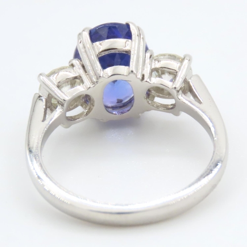 335 - Tanzanite and Diamond Three Stone Ring Mounted on Platinum Band Ring Size L and a Half