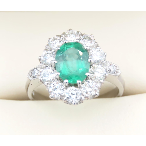 336 - Emerald and Diamond Cluster Ring Mounted on Platinum Band Ring Size L