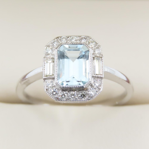 337 - Aquamarine and Diamond Emerald Cut Ring Mounted on Platinum Band Ring Size M