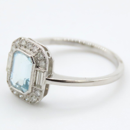 337 - Aquamarine and Diamond Emerald Cut Ring Mounted on Platinum Band Ring Size M