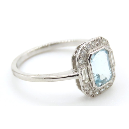 337 - Aquamarine and Diamond Emerald Cut Ring Mounted on Platinum Band Ring Size M