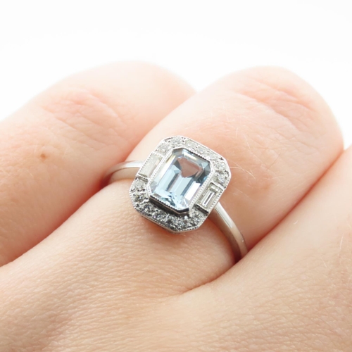 337 - Aquamarine and Diamond Emerald Cut Ring Mounted on Platinum Band Ring Size M