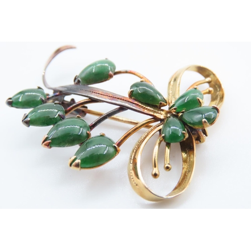 339 - Fourteen Carat Yellow Gold Jade Set Ladies Brooch 4cm Wide