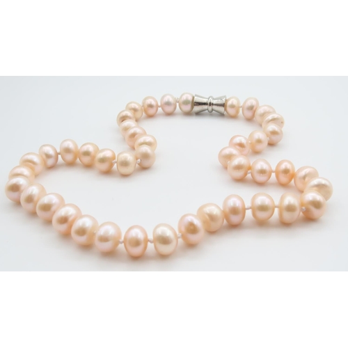 344 - Pearl Single Strand Necklace Graduated Form Silver Barrell Clasp Pinkish Hue to Pearls Necklace 42cm... 