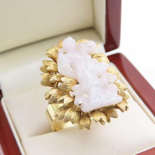 345 - Fourteen Carat Yellow Gold Jade Ring Finely Detailed Size N