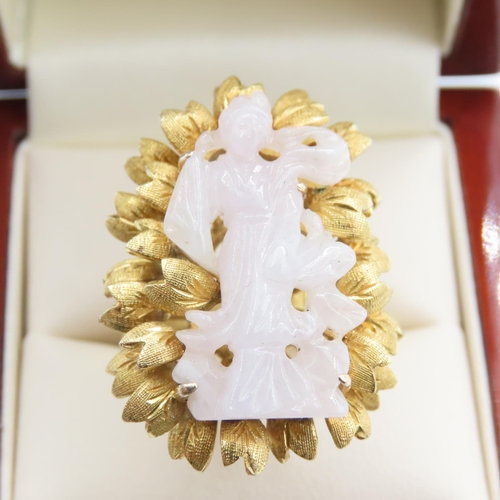 345 - Fourteen Carat Yellow Gold Jade Ring Finely Detailed Size N