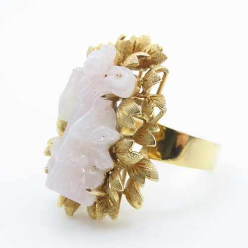 345 - Fourteen Carat Yellow Gold Jade Ring Finely Detailed Size N