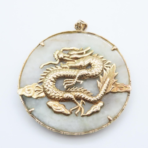 347 - Fourteen Carat Yellow Gold Mounted Carved Jade Pendant Happy Buddha with Dragon Motif Verso in Gold ... 