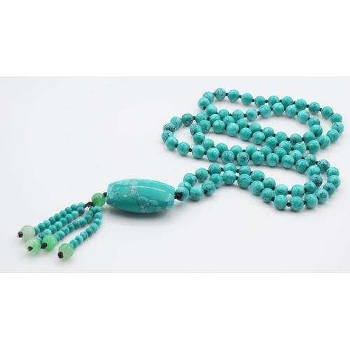 355 - Polished Turquoise Bead Necklace with Pendant 90cm Long