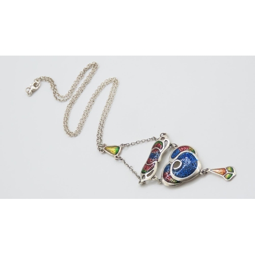 360 - Silver Pendant Enamel Decorated Set on Original Silver Necklace Chain