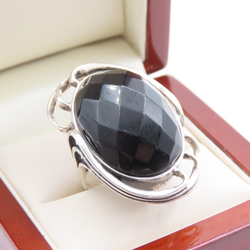 362 - Silver Facet Cut Onyx Oval Cut Ladies Brooch