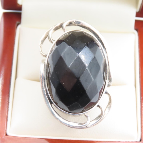 362 - Silver Facet Cut Onyx Oval Cut Ladies Brooch