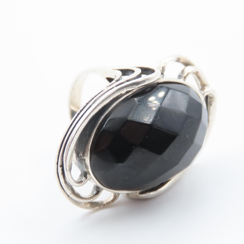 362 - Silver Facet Cut Onyx Oval Cut Ladies Brooch