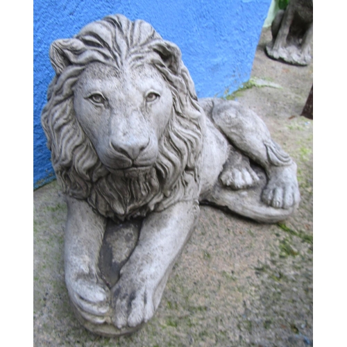 37 - Pair of Composite Stone Figures Recumbent Lions Each Approximately 30 Inches Wide