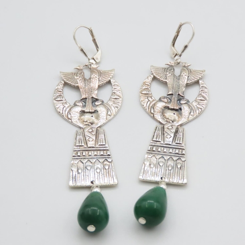 370 - Pair of Silver Eagle Motif Decorated Egyptian Drop Earrings Each Approximately 7cm High