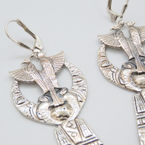 370 - Pair of Silver Eagle Motif Decorated Egyptian Drop Earrings Each Approximately 7cm High