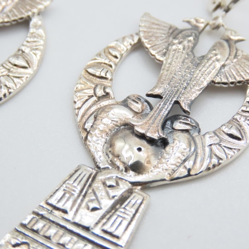 370 - Pair of Silver Eagle Motif Decorated Egyptian Drop Earrings Each Approximately 7cm High