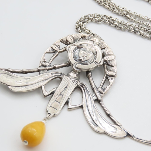 372 - Silver Art Nouveau Design Pendant Necklace Mounted on Silver Chain Approximately 8cm Wide