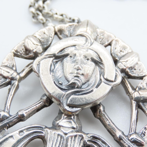 372 - Silver Art Nouveau Design Pendant Necklace Mounted on Silver Chain Approximately 8cm Wide