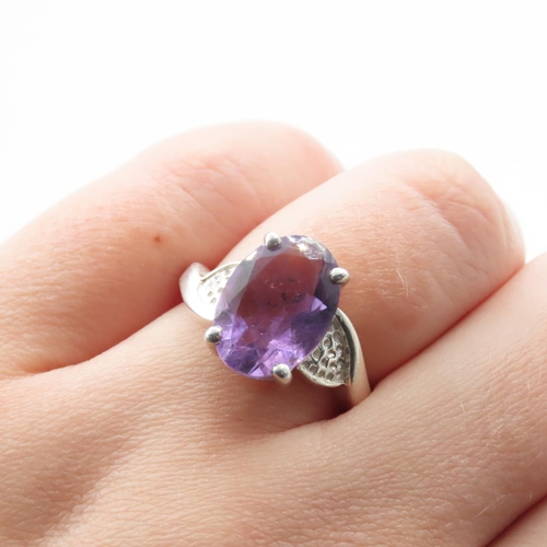 374 - Amethyst Oval Cut Four Claw Set Silver Ring Size M