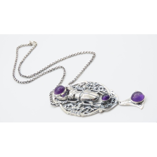 377 - Cabochon Cut and Polished Amethyst Three Stone Set Silver Pendant Mounted on Silver Chain Pendant Ap... 