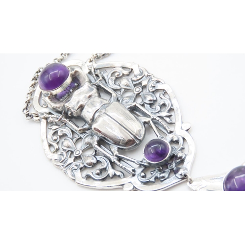 377 - Cabochon Cut and Polished Amethyst Three Stone Set Silver Pendant Mounted on Silver Chain Pendant Ap... 