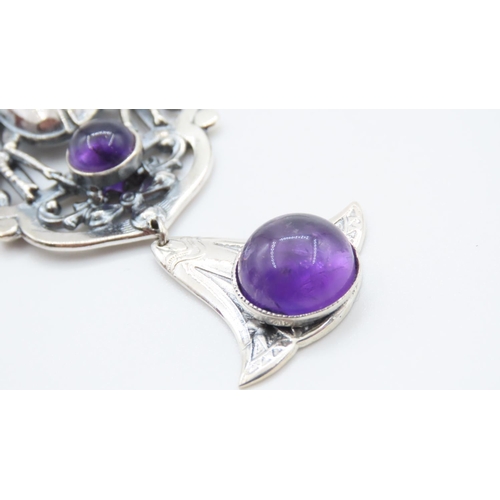 377 - Cabochon Cut and Polished Amethyst Three Stone Set Silver Pendant Mounted on Silver Chain Pendant Ap... 