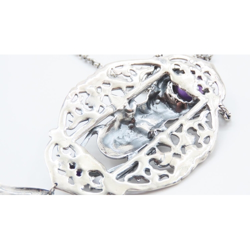 377 - Cabochon Cut and Polished Amethyst Three Stone Set Silver Pendant Mounted on Silver Chain Pendant Ap... 