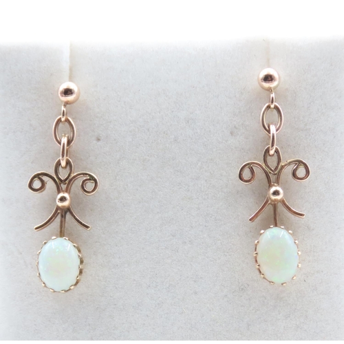 378 - Pair of Nine Carat Yellow Gold Opal Set Drop Earrings Each 3cm High