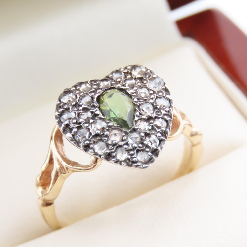 380 - Fourteen Carat Yellow Gold Peridot and Diamond Cluster Ring Heart Motif Ring Size N